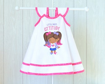 Little Miss Attitude Dress, Handmade Pinafore Dress, Girls Applique Dress, Baby Shower Gift, Kids Apron with Bloomers, Toddler School Dress