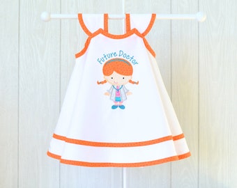 Future Doctor Toddler Dress, Handmade Pinafore Dress, Girl Applique Dress, Baby Girl Shower Gift, Kids Apron with Bloomers, Doctor Baby Gift