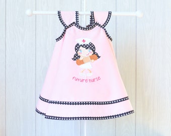 Future Nurse Toddler Dress, Handmade Pinafore Dress, Girl Applique Dress, Baby Shower Gift, Kids Apron with Bloomers, Nurse Baby Gift