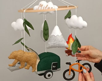Woodland baby mobile, National park nursery decor, Camper/Bicycle/Bonfire/Kayak mobile baby, Baby shower gift