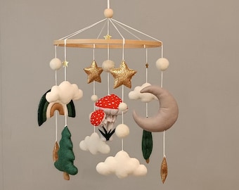 Woodland baby mobile, Mushroom crib mobile, Red Amanita mobile baby, Baby shower gift