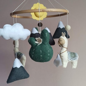 Baby Crib Mobile with Llama, Cactus, Mountains and Sun – Felt Nursery Decor, Neutral Boho Baby Shower Gift