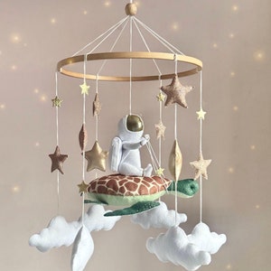 Outer space baby mobile for crib, Green turtle astronaut mobile, Galaxy nursery decor, Babyshower gift, New baby gift, Solar system mobile
