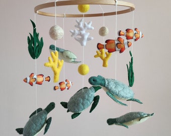 Ocean baby mobile. Nautical baby mobile. Ocean baby mobile with Narwhal, Jellyfish, Turtle, Stingray fish, Shark, Starfish and Puffer fish