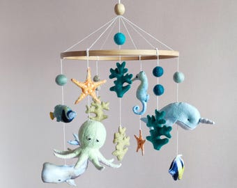 Ocean Baby Mobile with Felt Octopus Whale Narwhal Seahorse Nursery Decor