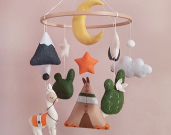 Alpaca baby mobile for nursery, Cactus baby mobile, Llama nursery mobile, Mountain mobile baby