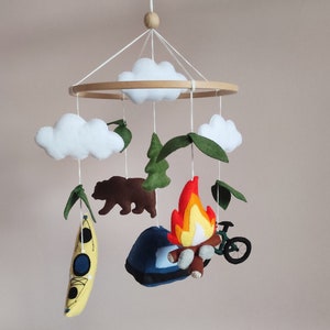 Wilderness nursery mobile, Campaign style mobile, Tent Bicycle baby mobile, National park mobile