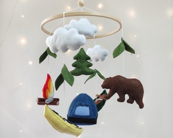 National park baby mobile, Woodland theme nursery mobile, Campaign style mobile, Tent Canoe baby mobile