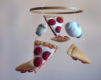 Felt baby mobile, Pizza lover gift, Pepperoni pizza mobile, Baby shower gift, Food mobile hanging