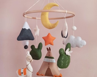 Alpaca Baby Mobile, Llama Nursery Decor, Felt Cactus Mountain Mobile