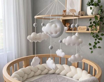 Custom Name Baby Mobile with Light Grey Moon  and Clouds, Personalized Neutral Nursery Decor