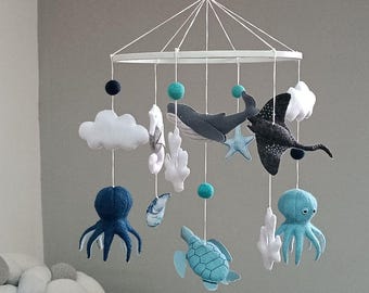 Ocean Baby Mobile with Stingray Sea Turtle Octopus Whale for Nursery Decor