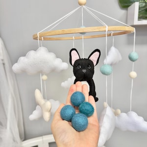 Dog baby mobile, French bulldog crib mobile felt balls and clouds, Neutral nursery decor, Puppy crib mobile, Baby shower gift, new mom gift