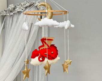 Red Chinese Dragon Baby Mobile, Fantasy Nursery Decor, Baptism Baby Gift