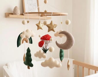 Vintage Mushroom Baby Mobile with Moon, Felt Woodland Forest Nursery Decor