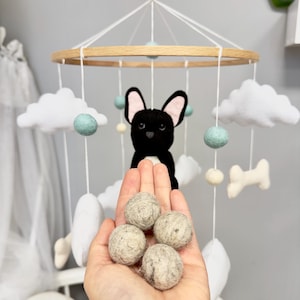 French Bulldog Crib Mobile: Felt Balls & Clouds, Neutral Nursery Decor