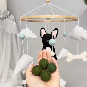 Pet baby mobile, French bulldog crib mobile felt balls and clouds, Neutral nursery decor, Custom dog crib mobile, Baby shower gift
