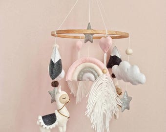 Llama Baby Mobile with Rainbow, Felt Alpaca Mountain Boho Nursery Decor