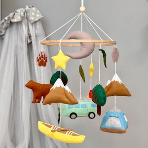 Nature Baby Mobile - Forest, Mountain, Bear, and Adventure Nursery Decor - Felt Camping Car, Trees, and Canoe  crib mobile, Baby shower gift