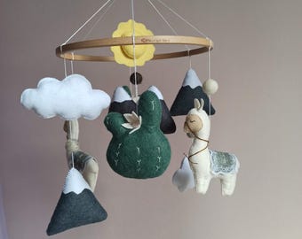 Felt Llama Cactus Crib Mobile, Boho Nursery Decor, Sun Clouds Mountain Hanging