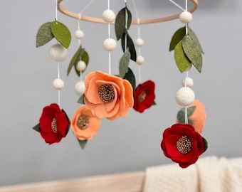 Felt Flower Baby Mobile, Red Peach Floral Nursery Decor for Girl