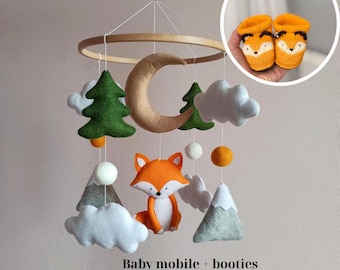 Fox Baby Mobile, Woodland Forest Nursery Decor, Rustic Mountains Crib Mobile, Baptism Gift
