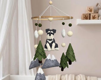 Schnauzer Baby Mobile, Custom Dog Mountain Nursery Decor for Crib
