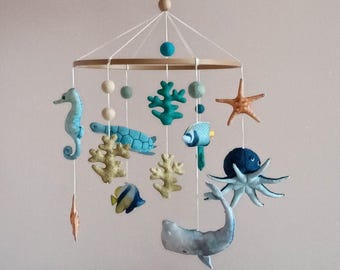 Sea Turtle Baby Mobile, Whale Octopus Seahorse Ocean Nursery Decor