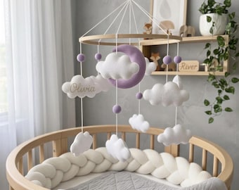 Custom Name Baby Mobile with Lilac Moon  and Clouds, Personalized Girl Nursery Decor