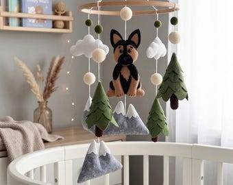 Felt Baby Mobile with Custom Dog, Trees, Mountains and Clouds for Puppy Nursery Decor