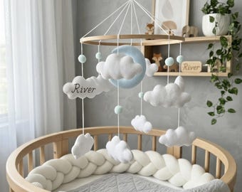 Custom Name Baby Mobile with Moon Clouds, Personalized Blue Nursery Decor