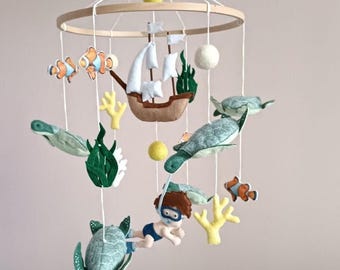 Ocean Baby Mobile, Snorkeling Boy, Turtle, Sea Nursery Decor