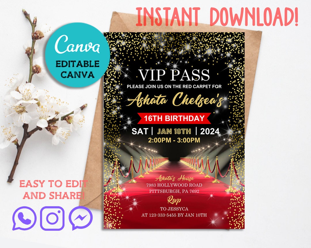 Red Carpet Invitation Printable, Red Carpet Birthday Invitation
