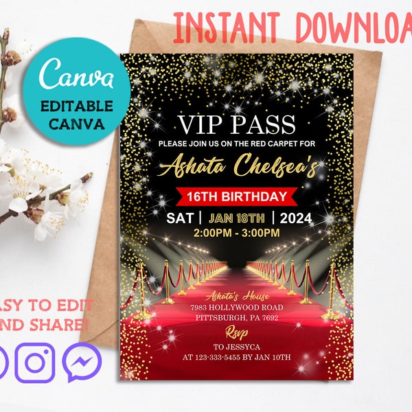 Red Carpet Invitation Printable, Red Carpet Birthday Invitation Editable, VIP PASS Hollywood Party, VIP Pass Birthday Invitation