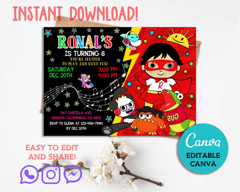 Ryan's World Invitation, Ryan's World Birthday Invitation, Editable ...