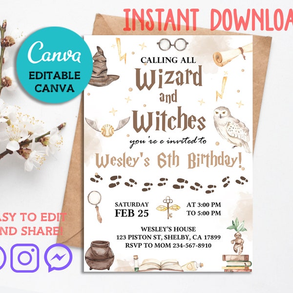 Wizards and Witches Birthday Invitation, Wizard Party Invite, Canva Editable Template, Wizard Invitation, Magical Witches And Wizard