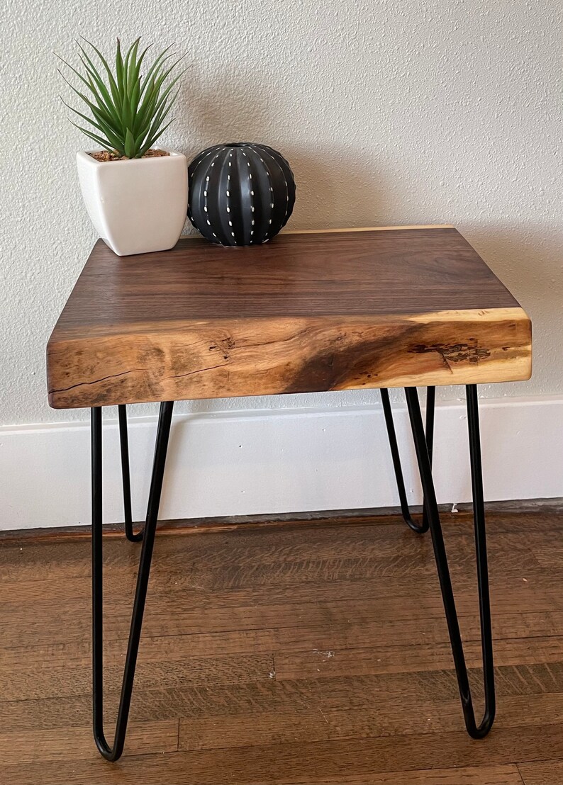 Black Walnut live edge end table with hairpin legs 22 tall Etsy