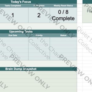May include: Digital planner page with sections for daily tasks, progress tracking, and gentle reminders. The page includes fields for tasks due, tasks completed, and weekly reset status. The text "Quiet the Chaos Collective" is visible.