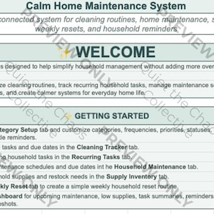 May include: A digital document titled "Calm Home Maintenance System" with instructions for organising cleaning routines, managing tasks, and tracking supplies. The document includes the words "WELCOME" and "GETTING STARTED".