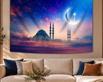 Islamic Wall Tapestry, Mosque Crescent Moon Tapestry, Ramadan Eid Decor, Muslim Home Decor, Prayer Room Wall Art, Islamic Gift, Masjid Decor