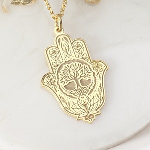 Hamsa Tree of Life Pendant&Evil Eye Necklace, Fatıma's Hand Amulet Jewellery, 24K Gold, Rose Plated Silver Jewelry, Ramadan Muslim Mom Gifts