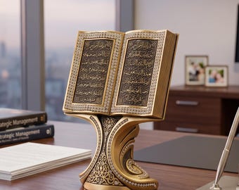 Islamic Table Decor Quran Stand Statue, Silver Gold Muslim Home Decor, Eid Ramadan Gift, Fatiha and Bakara Surah Desk Ornament Tabletop