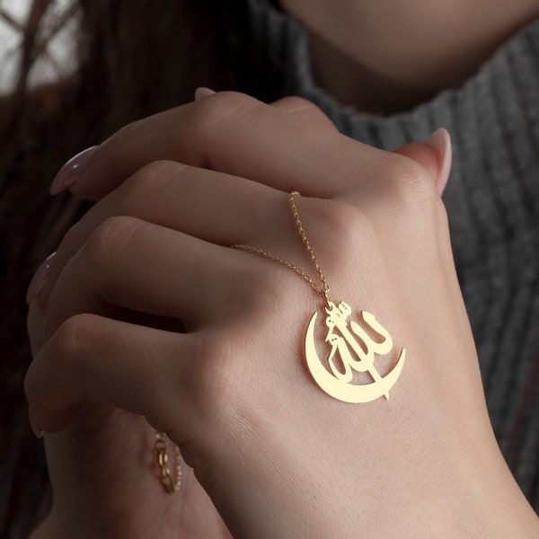 Allah Moon Necklace, Islamic Symbol Sterling Silver Necklace, 24K Gold Arabic Pendant Allah Jewelry, Muslim Necklace Art, Best Gifts For Her