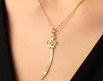 Zulfiqar Sword Necklace: 24K Gold Sterling Silver Islamic Pendant