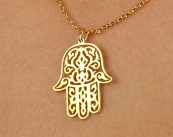 24K Gold Hamsa Necklace: Sterling Silver Fatima Hand Pendant