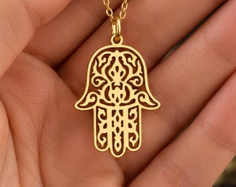 Hamsa Hand Necklace, 925 Sterling Silver Fatima Hand Pendant, 24K Gold Protection Jewelry, Spiritual Amulet, Meaningful Gift for Her
