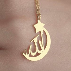 Ramadan Gift&Crescent Allah Necklace, Islamic Moon Sterling Silver Necklace, 24K Gold  Pendant God Jewelry, Star Necklace, Best Gift For Her