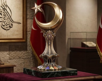 TURKBOYTU Luxury Ottoman Crescent  Star Sculpture  Antique Gold Turkish Desk Decor Handcrafted Islamic Art&16 Turkic States Heritage Statue