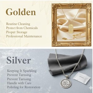 Peut inclure: Un collier avec pendentif rectangulaire dor&eacute; portant une calligraphie arabe et un collier avec pendentif circulaire argent&eacute; portant une calligraphie arabe, accompagn&eacute;s d'un chiffon de polissage gris et d'un petit sachet d&eacute;shydratant blanc.