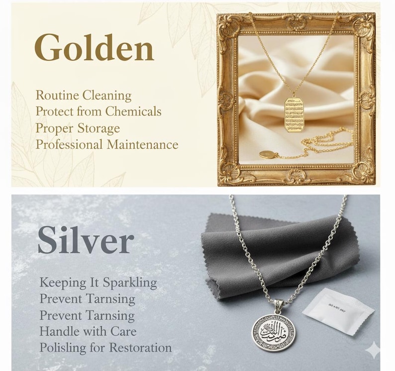 Peut inclure: Un collier avec pendentif rectangulaire dor&eacute; portant une calligraphie arabe et un collier avec pendentif circulaire argent&eacute; portant une calligraphie arabe, accompagn&eacute;s d'un chiffon de polissage gris et d'un petit sachet d&eacute;shydratant blanc.